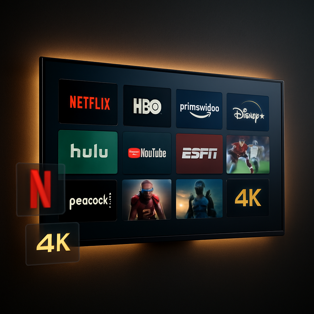 Premium 4K smart TV displaying a grid of live IPTV channels and sports