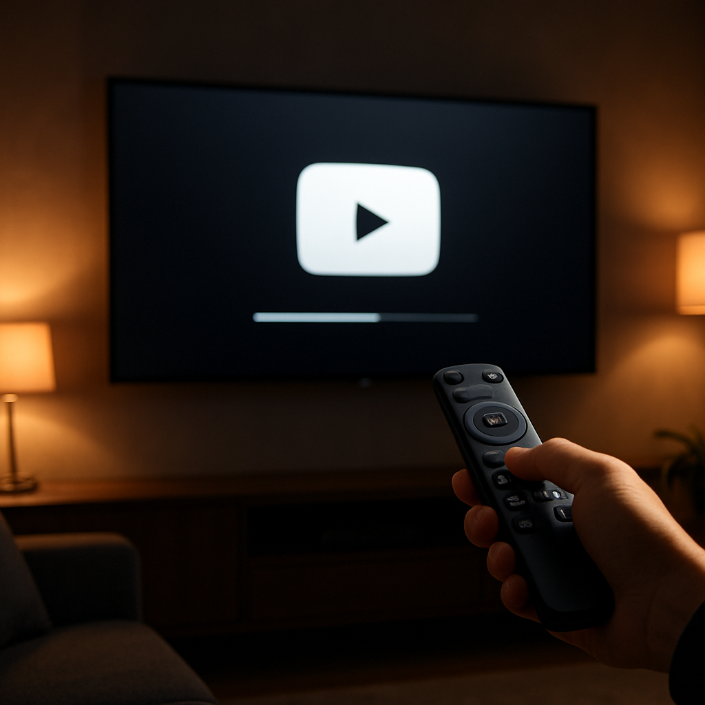 Person setting up an IPTV streaming app on a wall-mounted smart TV